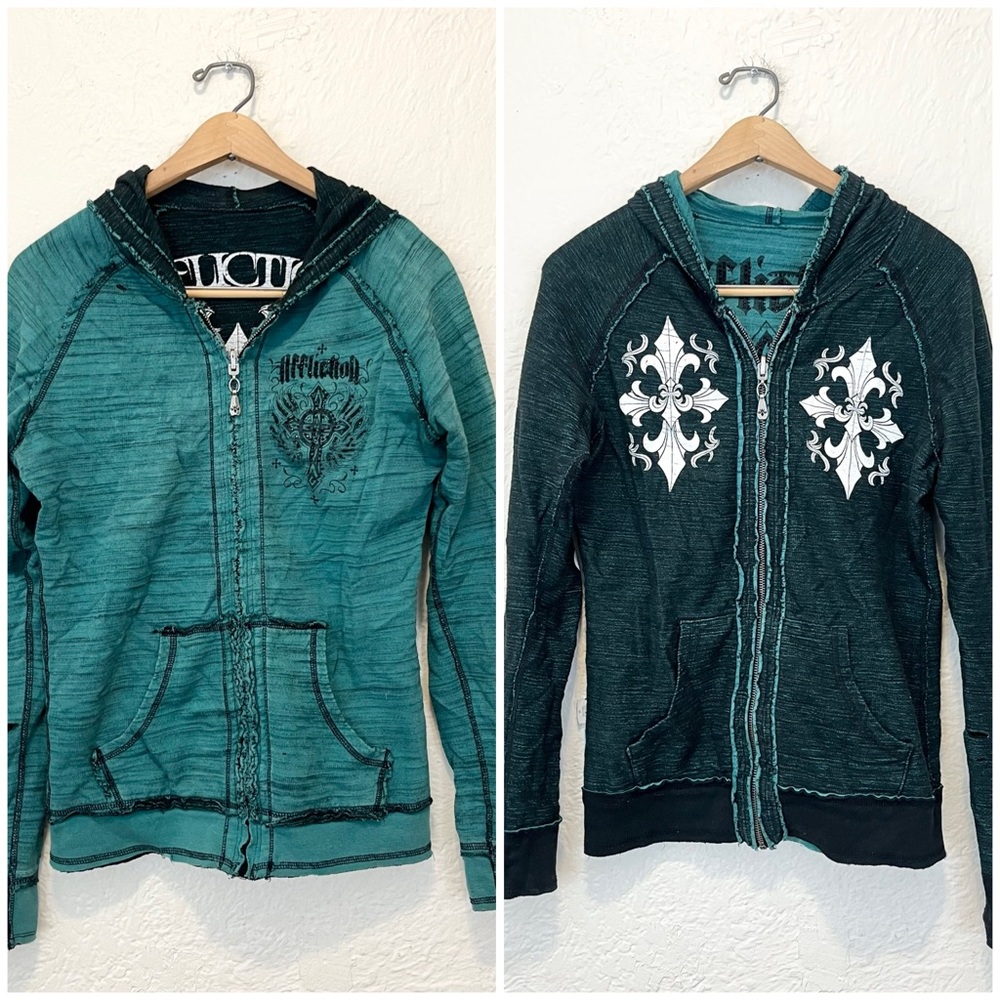 Affliction Reversible Hoodie Teal Green Medium M